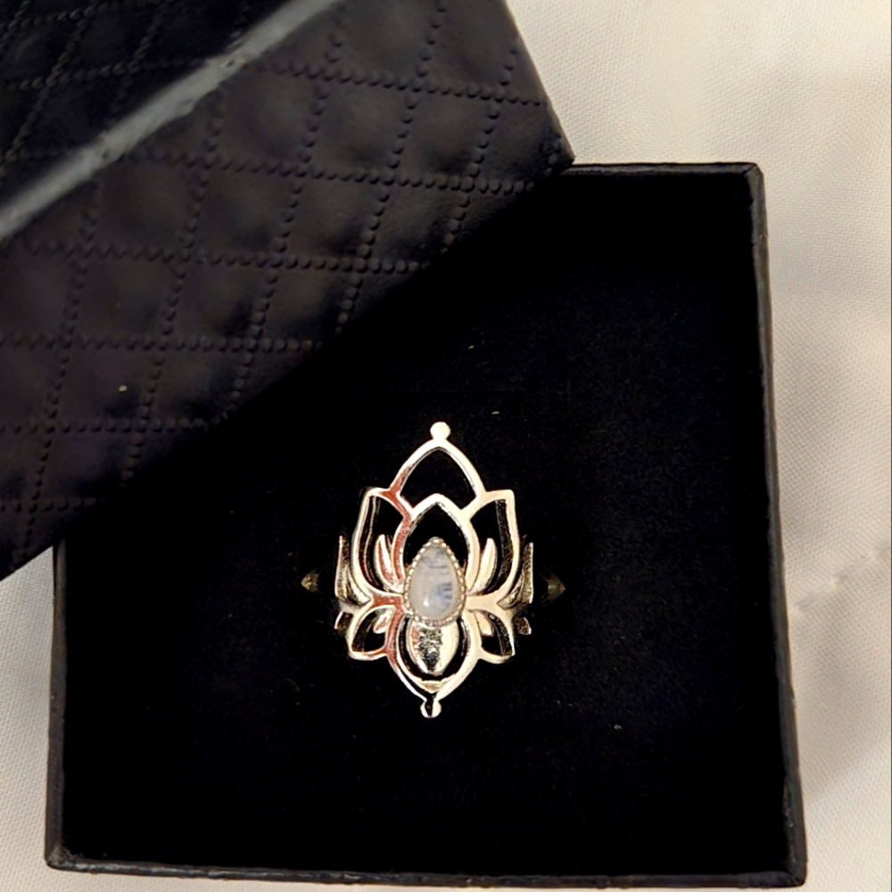Silver Lotus Rainbow Moonstone Ring Adjustable